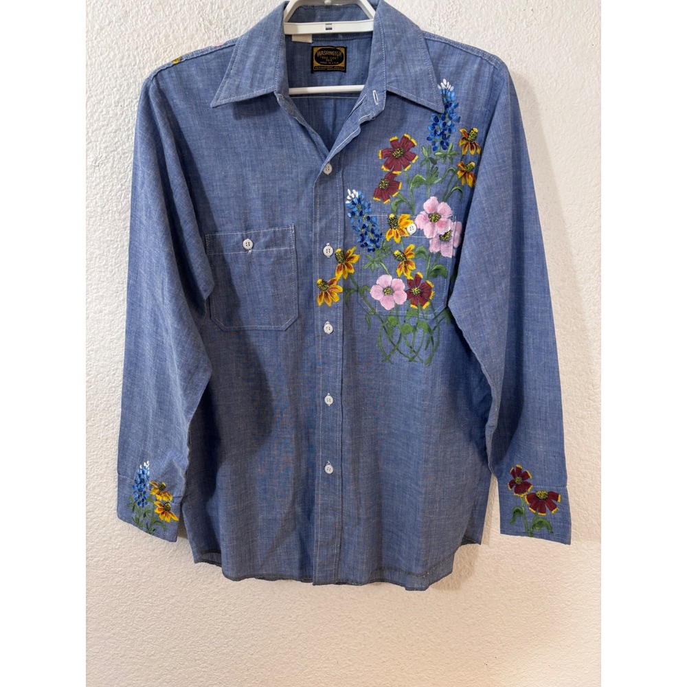 Washington Dee Cee Button Down Womens M/L Blue Painted Floral Chambray Vintage